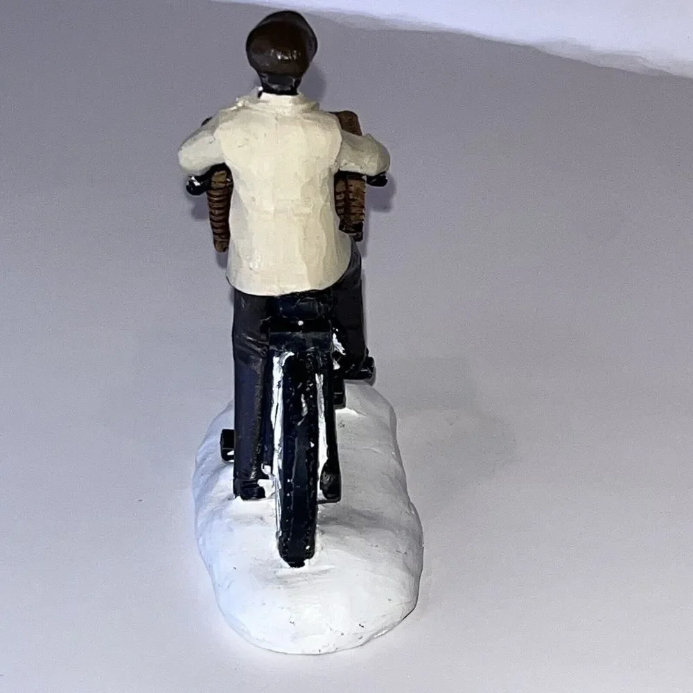 2 Christmas‎ Village Ceramic Figurines Man On Bicycle & Christmas In City Sign